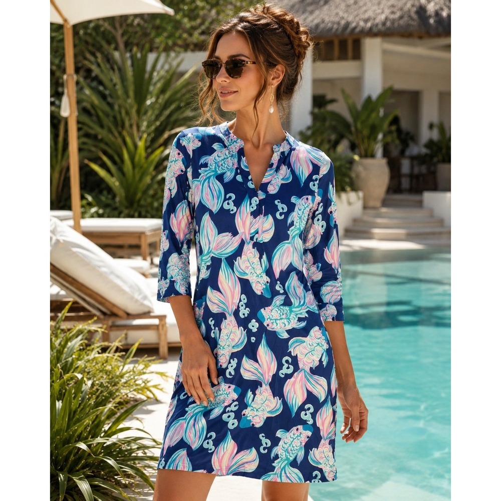 Tango Mango Collection Women's Tropical Koi Fish Dress‎ Navy Blue M Midi LS